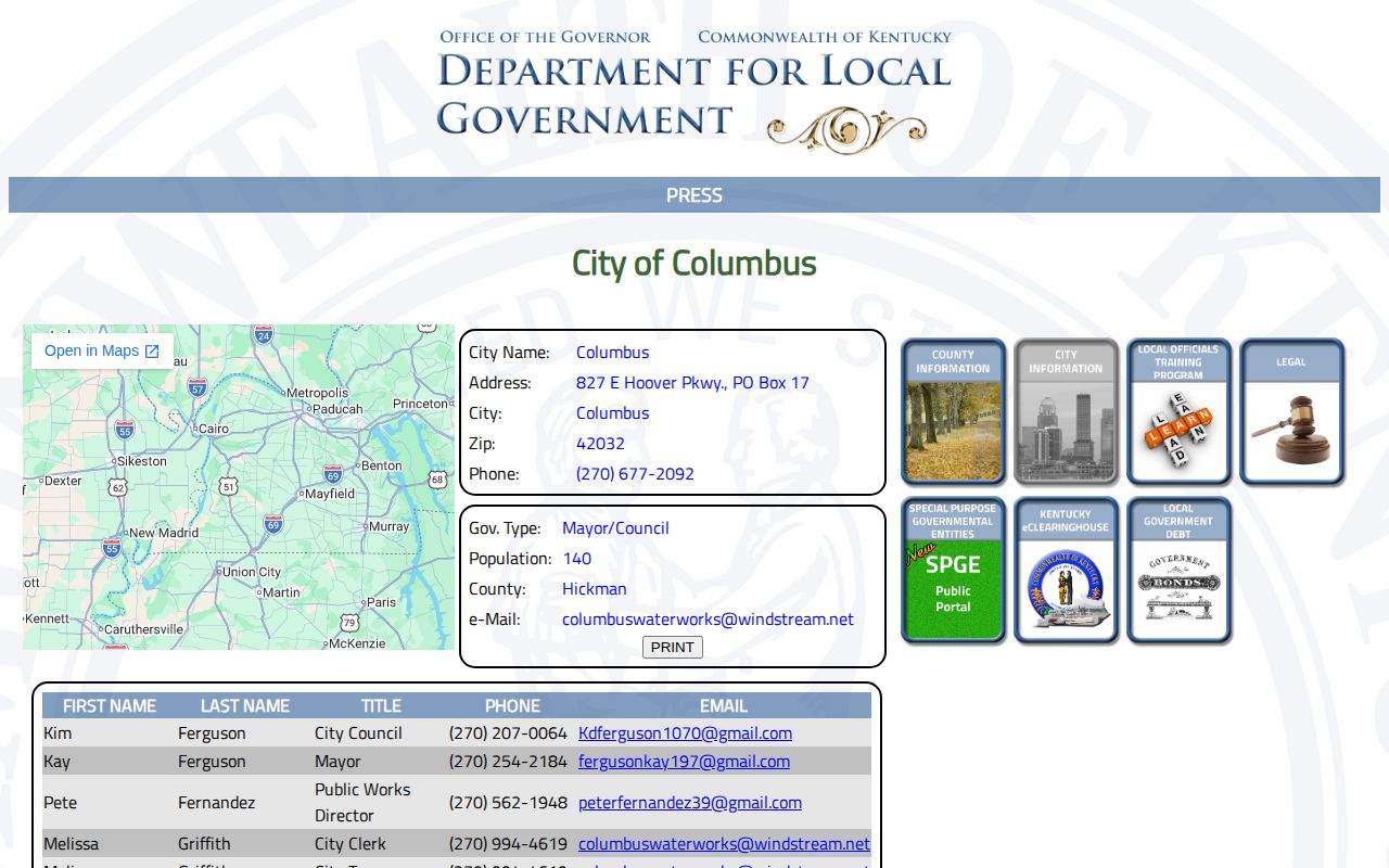Columbus Kentucky municipal record for arrest records routing