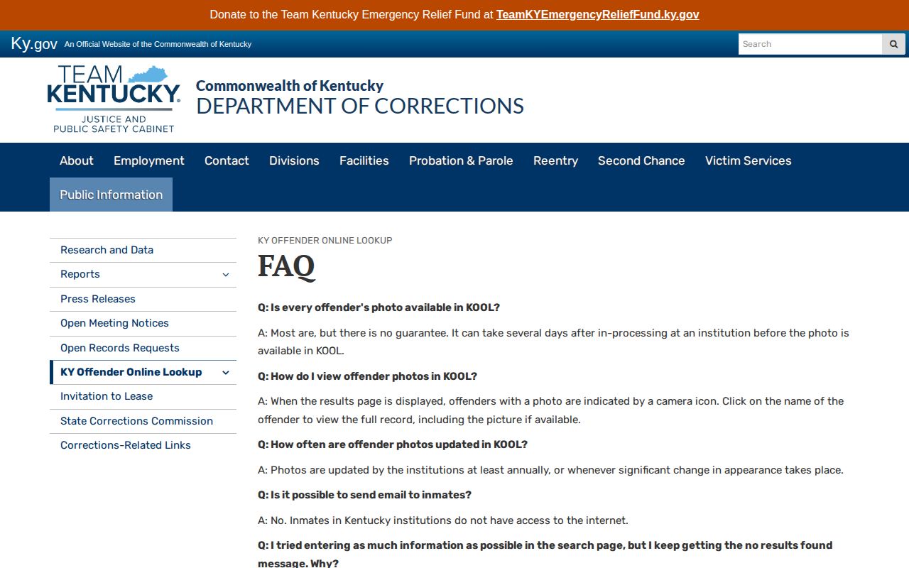 Kentucky DOC offender photo policy for Hickman County record searches